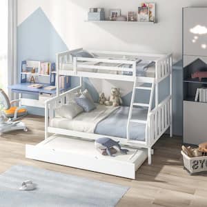 White Twin Over Full Bunk Bed with Trundle Ladder Safety Guardrails 3-in-1 Beds