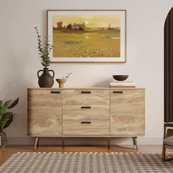 Natural Oak 30.91 in. H x 59.06 in. W Manufactured Wood 2-Door and 3-Drawer Sideboard Cabinet