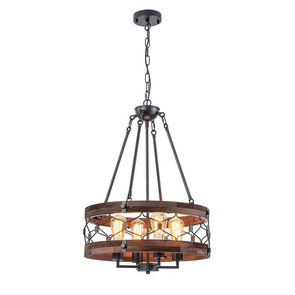 Farmhouse 4-Light Wood and Metal Drum Chandelier, E26 Base Rustic Pendant Light for Dining Room Kitchen Island Entryway price history on PriceWatchPro