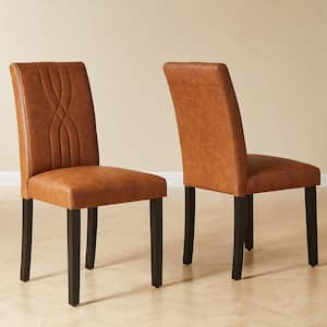 Upholstered Dining Chairs Set of 2 Brown Modern PU Leather and Solid Wood Legs and High Back Dining Room Chairs