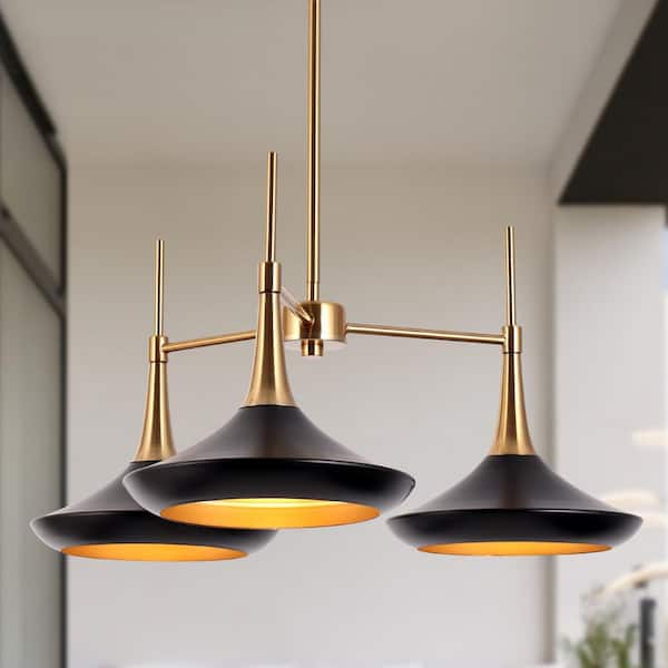 Phapri 3-Light Black Brass Mid-Century Island Chandelier Modern Dining Room Hanging Pendant Light with Bell Metal Shades