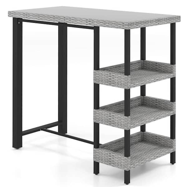Costway 43.5 in. Wicker Outdoor Bar Table with Tempered Glass Top and 3 Shelves Storage