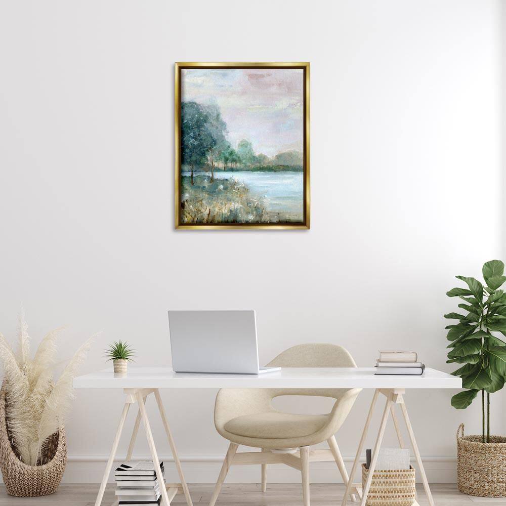 Serene Riverside View by Sally Swatland Gold Floater Frame Nature Graphic Art Print 31 in. x 25 in.