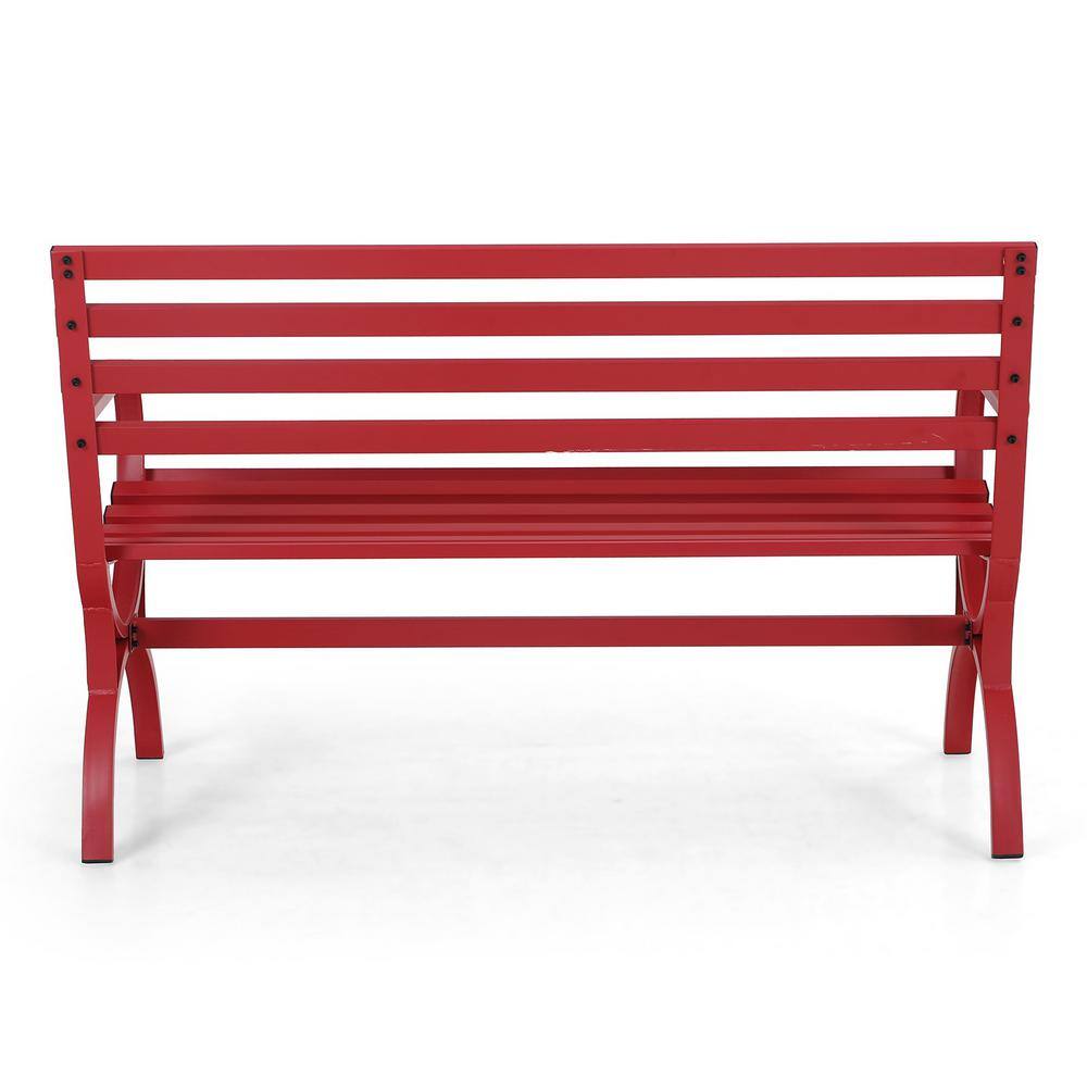 48-Inch Red Steel Slatted Outdoor Bench with Arms