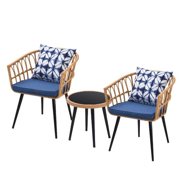 Zeus & Ruta 3-Piece Metal Outdoor Bistro Set with Blue Cushions and Round Side Table