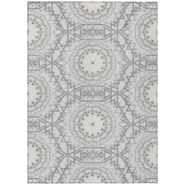 Silver, Ivory, Gray 5 ft. x 8 ft. Woven Floral, Medallion Polyester Rectangle Indoor/Outdoor Area Rug