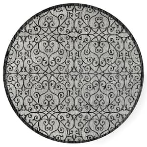 Madrid Vintage Filigree Textured Weave Gray/Black 5 ft. Round Indoor/Outdoor Area Rug