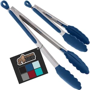 2-Piece 9 in. and 12 in. Stainless Steel Heat Resistant Grill Tongs in Blue