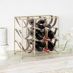 9- Bottle Gold Wine Rack with Faux Leather Holding Straps