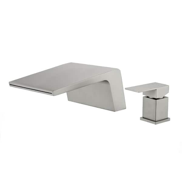 FLG Single-Handle Deck-Mount Roman Tub Faucet Waterfall 2 Holes Modern Brass Bathtub Filler in Brushed Nickel
