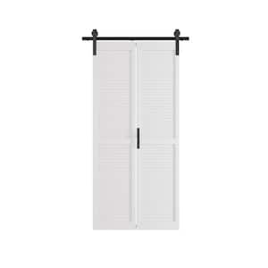 36 in. x 84 in. White, Finished, MDF, Bi-Fold Style, Need to Assemble, Louvered Sliding Barn Door with Hardware Kit