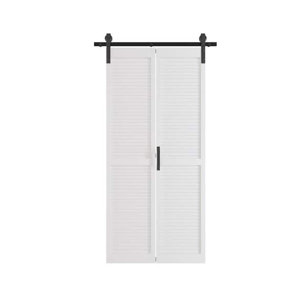 TENONER 36 in. x 84 in. White, Finished, MDF, Bi-Fold Style, Need to Assemble, Louvered Sliding Barn Door with Hardware Kit