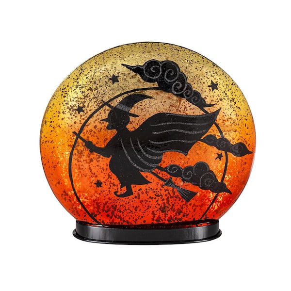 Witch on Broom LED Crackle Glass Table Decor, 9.75"H