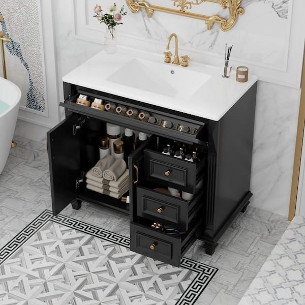 36 in. Single Sink Freestanding Black Bath Vanity with White Ceramic Top and 4 Drawers Storage Door Cabinet Unassembled