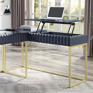 Gotheimer 56.75 in. Rectangular Blue and Gold Writing Desk with Lift-top