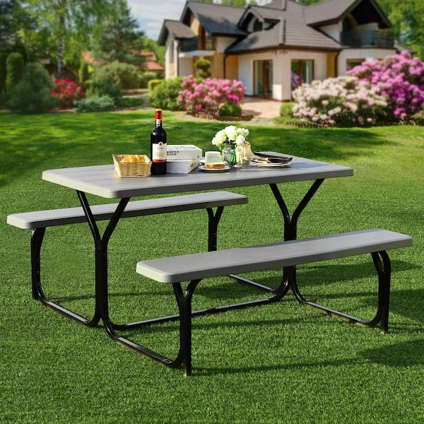 Metal Bench Set Outdoor Buffet Picnic Table Camping Backyard