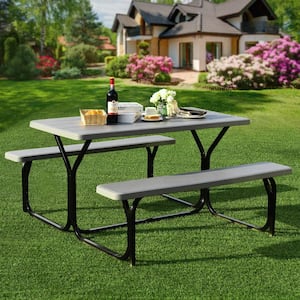 Gray Rectangle Metal Picnic Table Bench Set with Extension