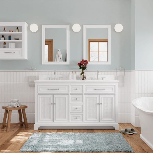 Home Decorators Collection Gillinger 60 in. W x 22 in. D x 35 in. H Double Sink Freestanding Bath Vanity in White with White Engineered Stone Top