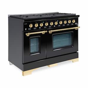 CLASSICO 48" TTL 6.7 CuFt 8 Burner Freestanding Dual Fuel Range Gas Stove, Electric Oven, Glossy Black with Brass Trim