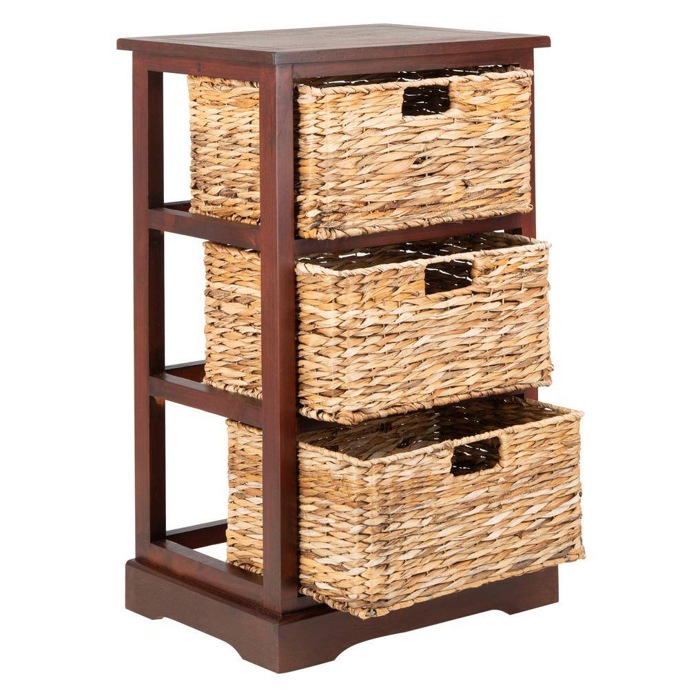 Transitional Brown Pine Wood Side Table with 3 Rattan Drawers