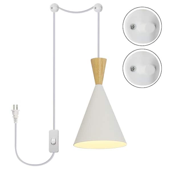 Zompoo 6.34 in. 1 Light Plug in Pendant Light with White Shade and Switch, Industrial Adjustable Height Wooden Chandelier