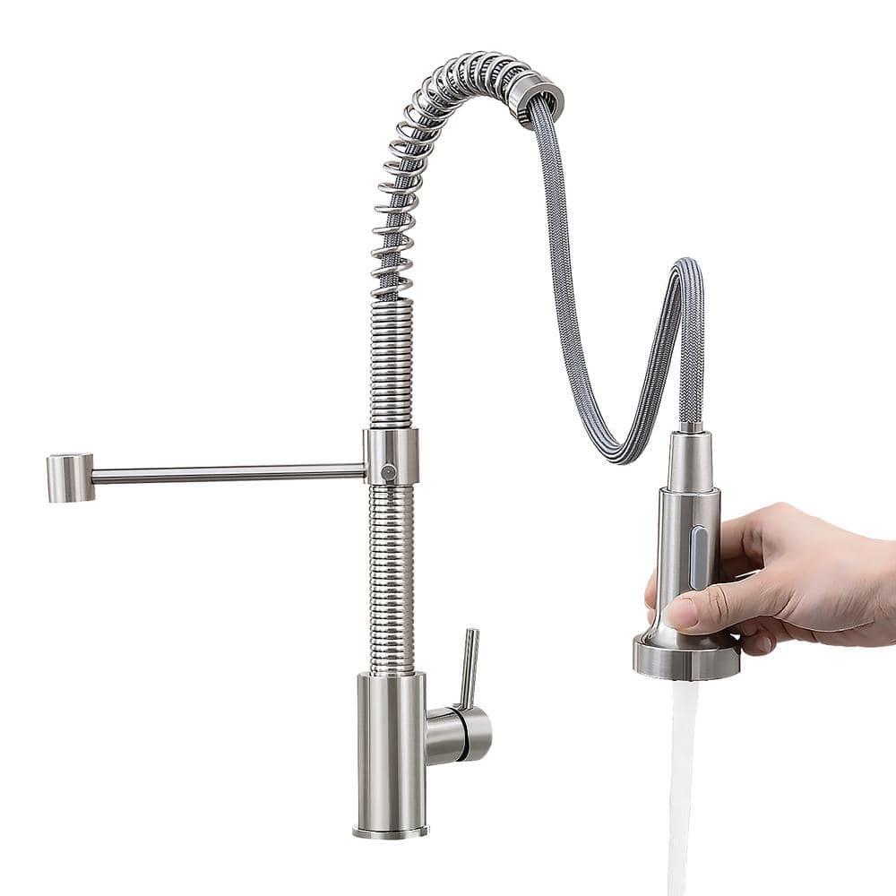 Single Handle Pull Down Sprayer Kitchen Faucet with Spring Spout in Brushed