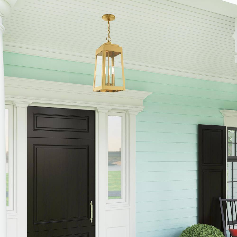 Satin Brass 3-Light Outdoor Pendant Lantern with Clear Glass