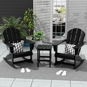 Laguna 3-Piece Fade Resistant Outdoor Patio HDPE Poly Plastic Adirondack Rocking Chairs and Side Table Set, Black