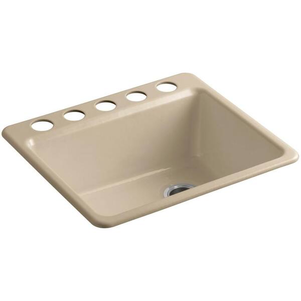 KOHLER Riverby Undermount Cast-Iron 25 in. 5-Hole Single Bowl Kitchen Sink Kit with Bowl Rack in Mexican Sand