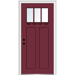 36 in. x 80 in. Right-Hand Inswing 3-Lite Clear 2-Panel Shaker Painted Fiberglass Smooth Prehung Front Door with Shelf