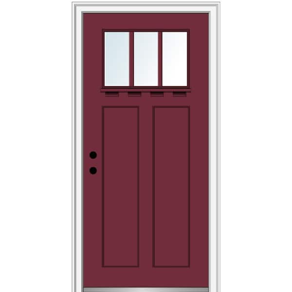 MMI DOOR 36 in. x 80 in. Right-Hand Inswing 3-Lite Clear 2-Panel Shaker Painted Fiberglass Smooth Prehung Front Door with Shelf
