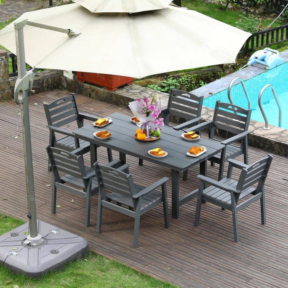 grey patio set with umbrella PHI VILLA Dining 13ft for 6, Swivel Mesh Chairs Canora Grey Cushion Color Walsunny TDS6001-BK 6 Piece Patio