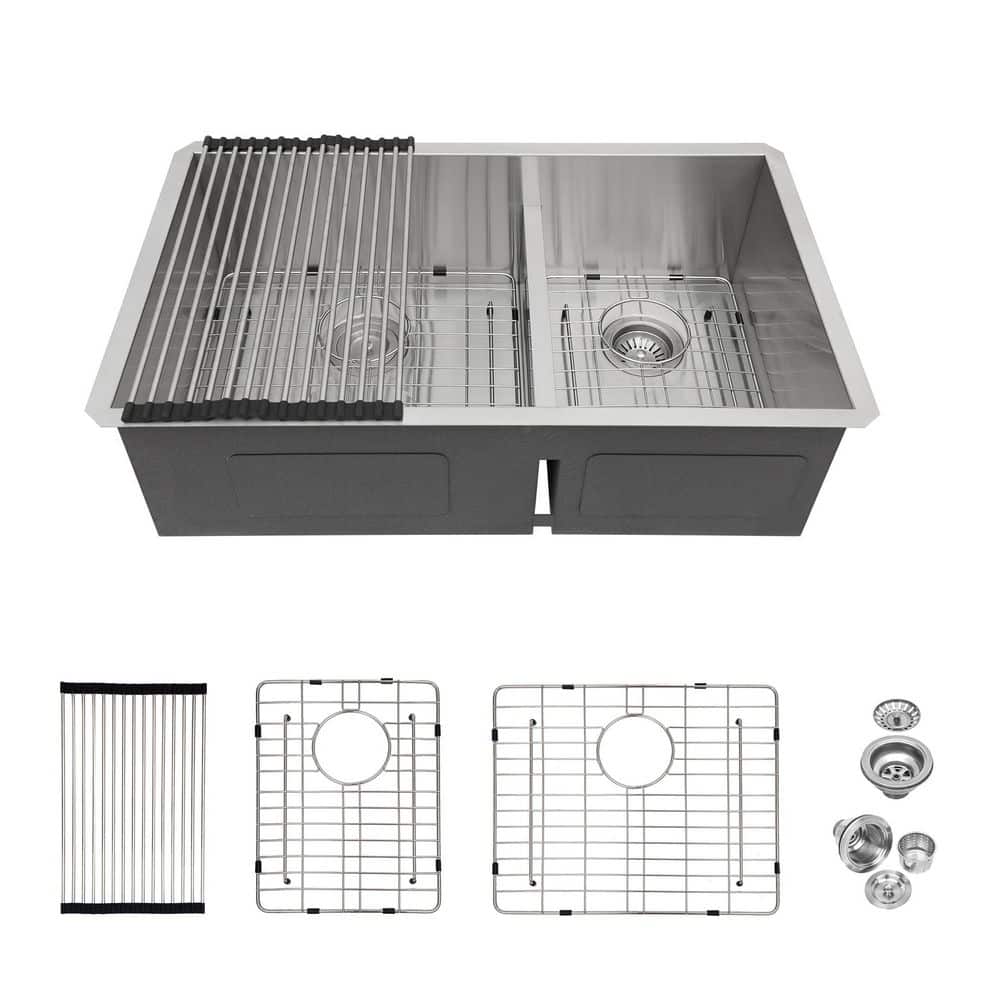 33 in. Undermount Double Bowl 16 Gauge Brushed Nickel Stainless Steel Kitchen Sink with Drain Assembly and Drying Rack price history on PriceWatchPro