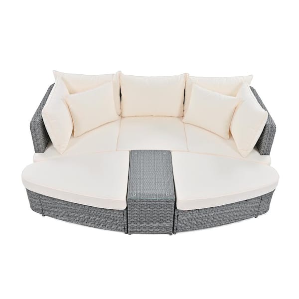 Rune say 6-Piece Patio PE Rattan Wicker Outdoor Sectional Set Round Sofa Seating Group with Coffee Table, with Beige Cushions