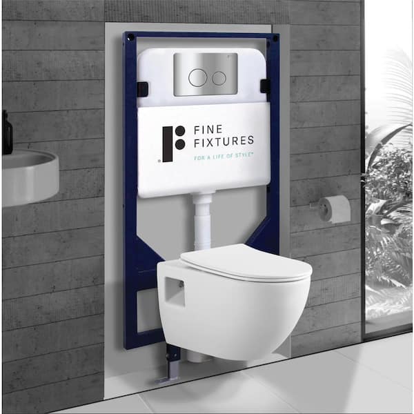 FINE FIXTURES Surge Wall-Hung 2-piece 1.6 GPF Dual Flush Toilet in White with In-Tank and Dual Flush Actuator Push Plate Seat Included