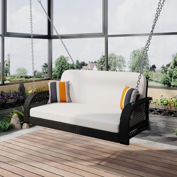 2-Person Black Wicker Porch Swing with Beige Cushions