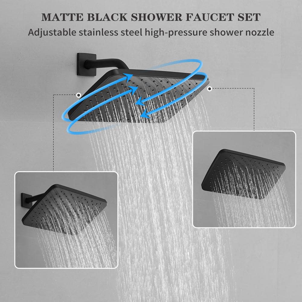 Matte Black Square Rainfall Shower Faucet Set with Valve