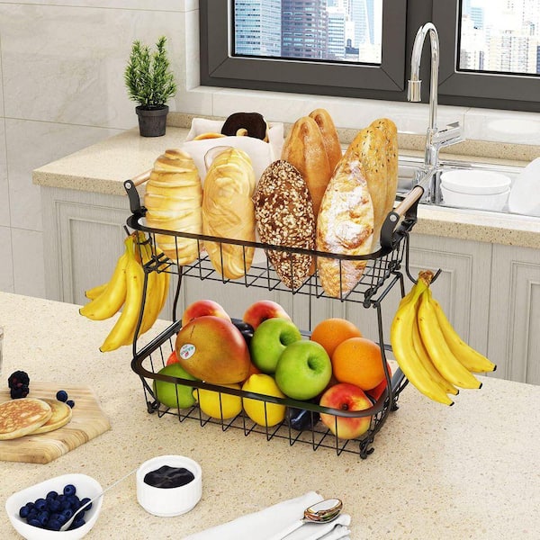 2 Piece Detachable 2 Tier Fruit Basket with Removable Banana Hangers Metal Wire Countertop Storage Organizer Set