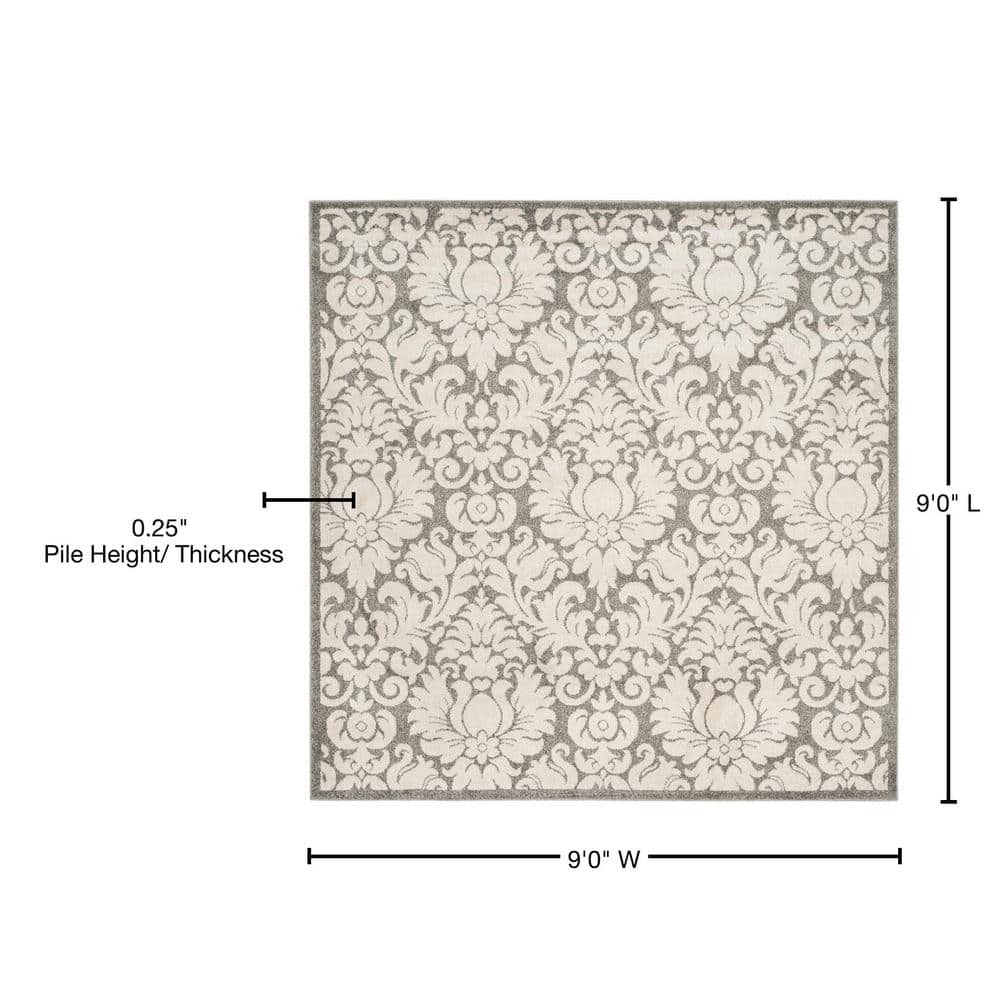 Gray and Cream Damask Square Synthetic Area Rug
