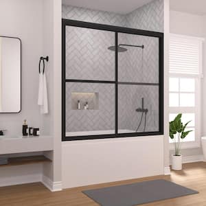 Luminous 59 in. W x 56 in. H Sliding Framed Tub Door in Matte Black Finish with Clear Tempered Glass