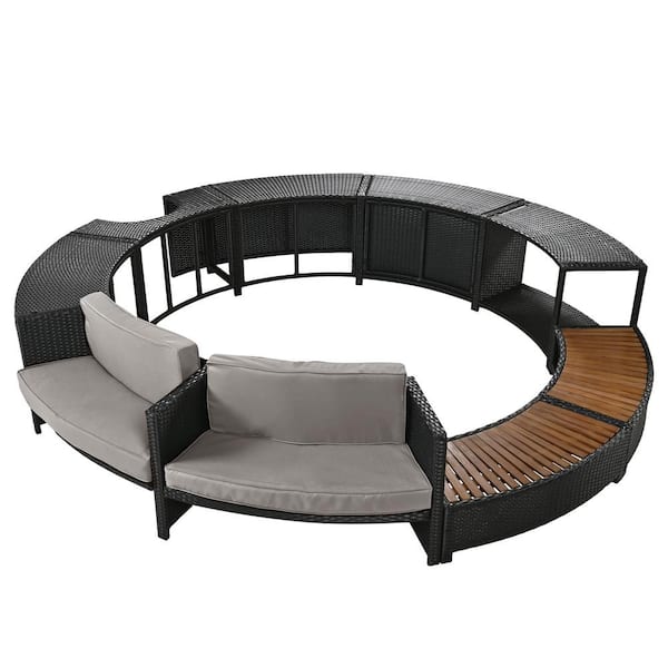 9-Piece Black Wicker Outdoor Sectional Sofa Set with Gray Cushions, Storage Cabinet, Spa Enclosure