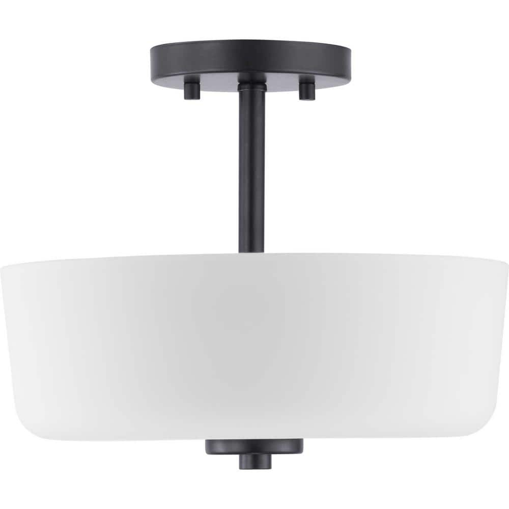 Tobin Matte Black and Etched White Glass 2-Light Semi-Flush Ceiling Fixture