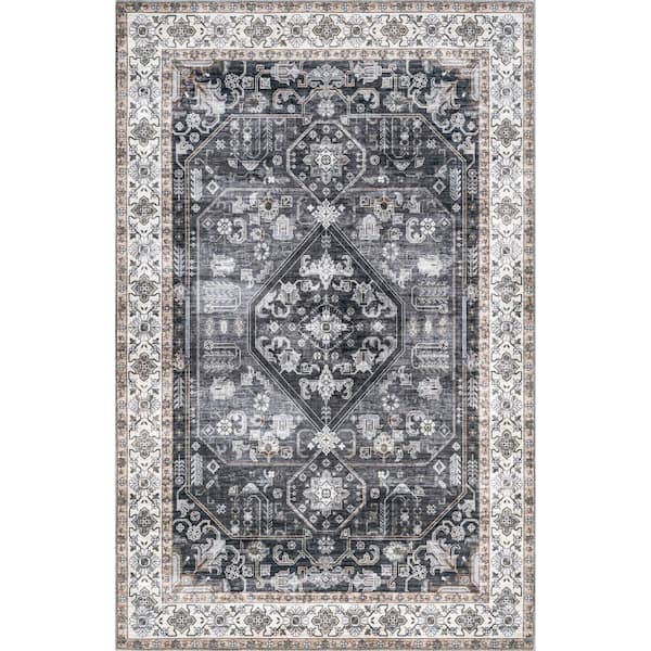 nuLOOM Devin Machine Washable Vintage Medallion Charcoal 8 ft. x 10 ft. Area Rug