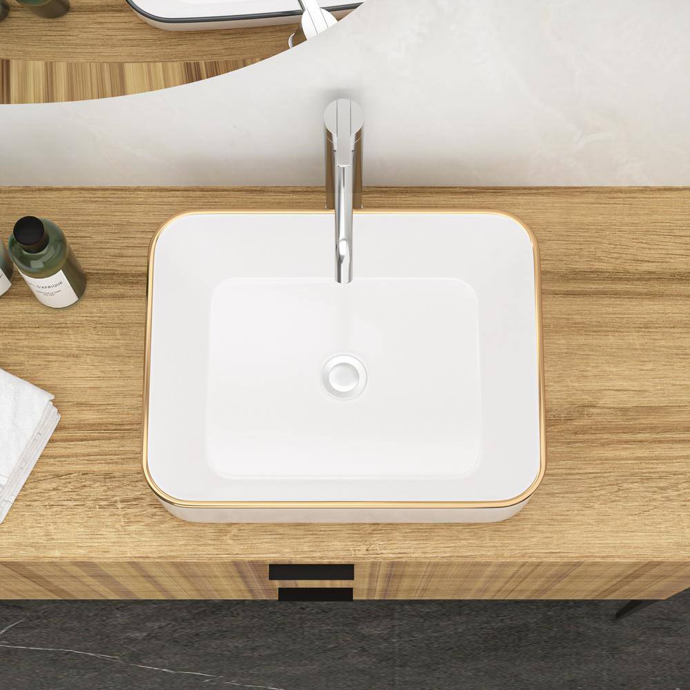 19x15 Inch White Ceramic Rectangular Vessel Bathroom Sink with Gold Trim