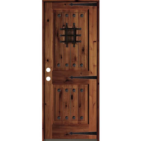 Krosswood Doors 30 in. x 80 in. Mediterranean Knotty Alder Sq. Top Red Chestnut Stain Right-Hand Inswing Wood Single Prehung Front Door