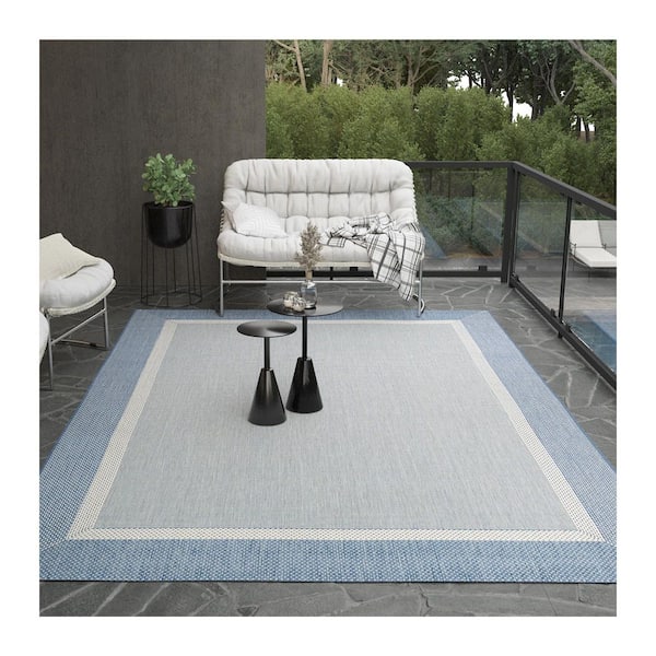 Recife Stria Texture Ivory-Blue 9 ft. x 13 ft. Flatwoven Solid Rectangle Indoor/Outdoor Area Rug