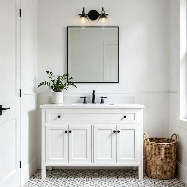 Black Bathroom Vanity Light, 13.8 in. 2-Light Gold Wall Sconce Light with Clear Glass Shades