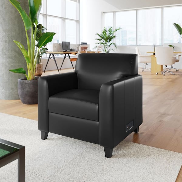 Agent Black Faux Leather Accent Chair w/ Right Side Charging Bank, 2-Outlets, 2-USB Ports, 1 USB-C Port, Solid Wood Legs