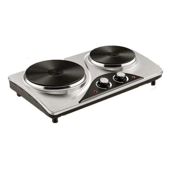 Unbranded 22.44 in. Elements 2 Burner 1800W Electric Hot Plate Silver with Smooth Top Cast Iron Hot Plates and Dual Adjustable