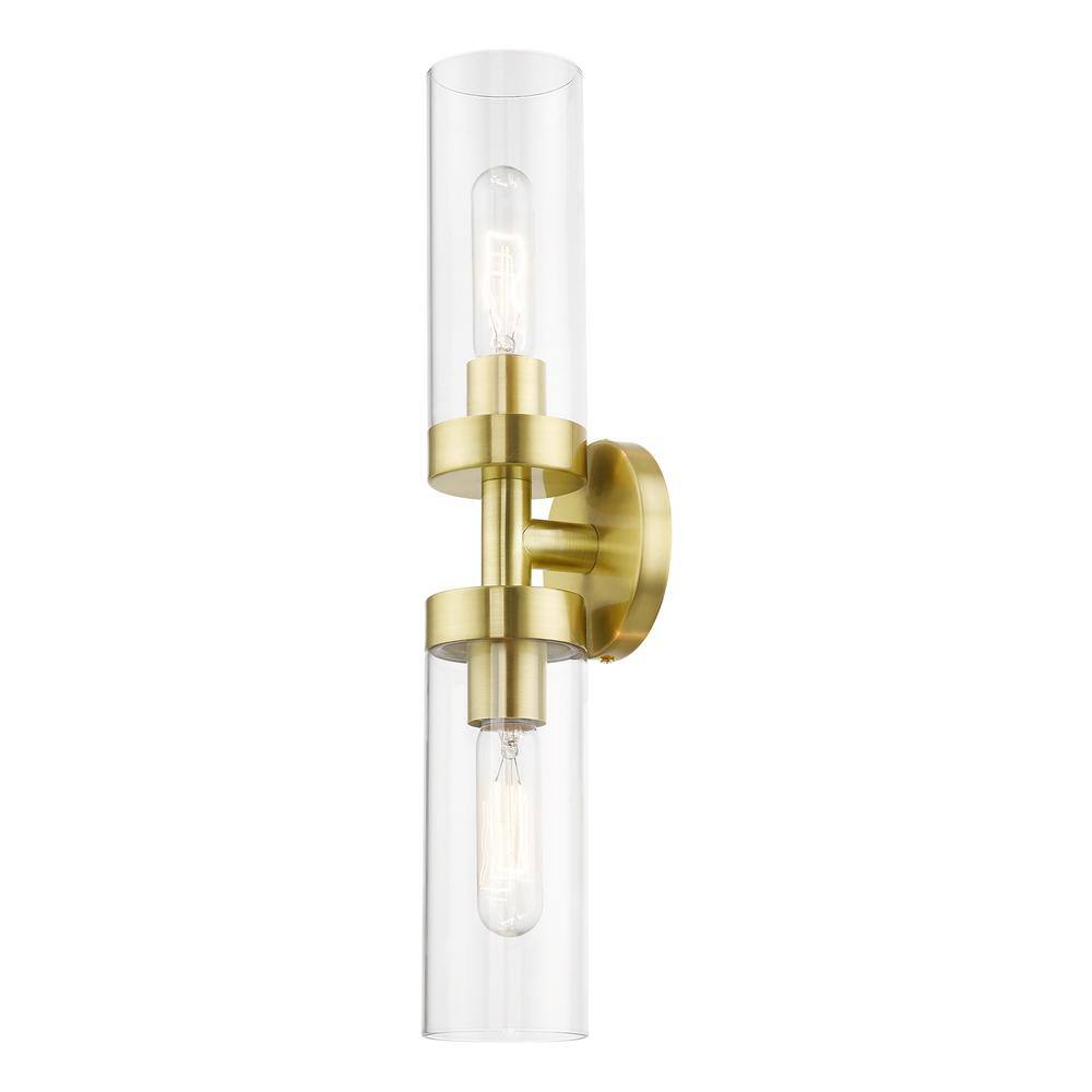 Ludlow Sleek Urban 2-Light Vanity Sconce in Satin Brass with Clear Glass